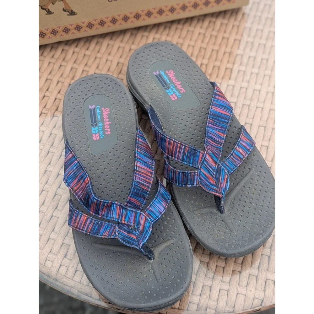Y2K Sporty Outdoor Skechers Reggae Sandals Striped Thong Slides Womens Size 6